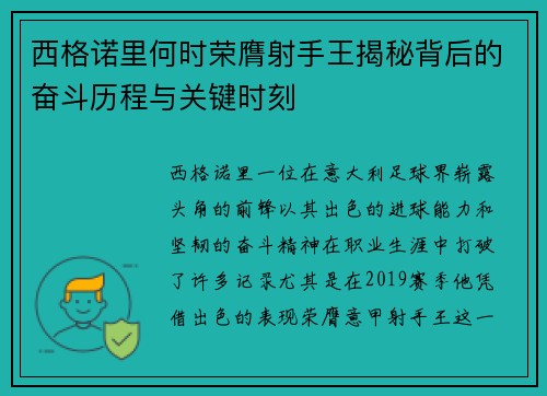 西格诺里何时荣膺射手王揭秘背后的奋斗历程与关键时刻