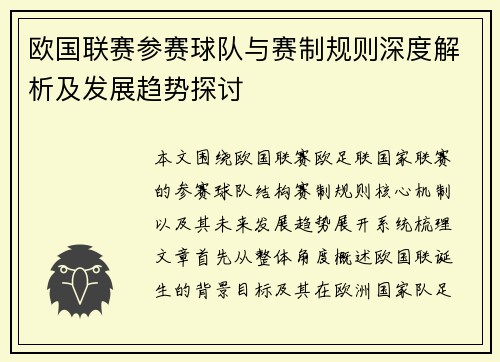 欧国联赛参赛球队与赛制规则深度解析及发展趋势探讨