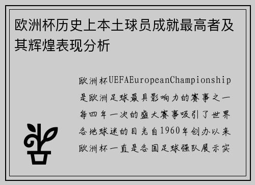 欧洲杯历史上本土球员成就最高者及其辉煌表现分析